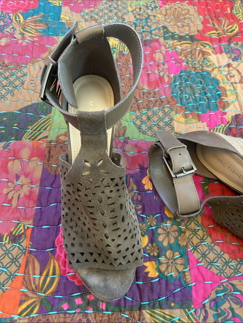 Marc Fisher Olive Green Laser-Cut Espadrille Wedges